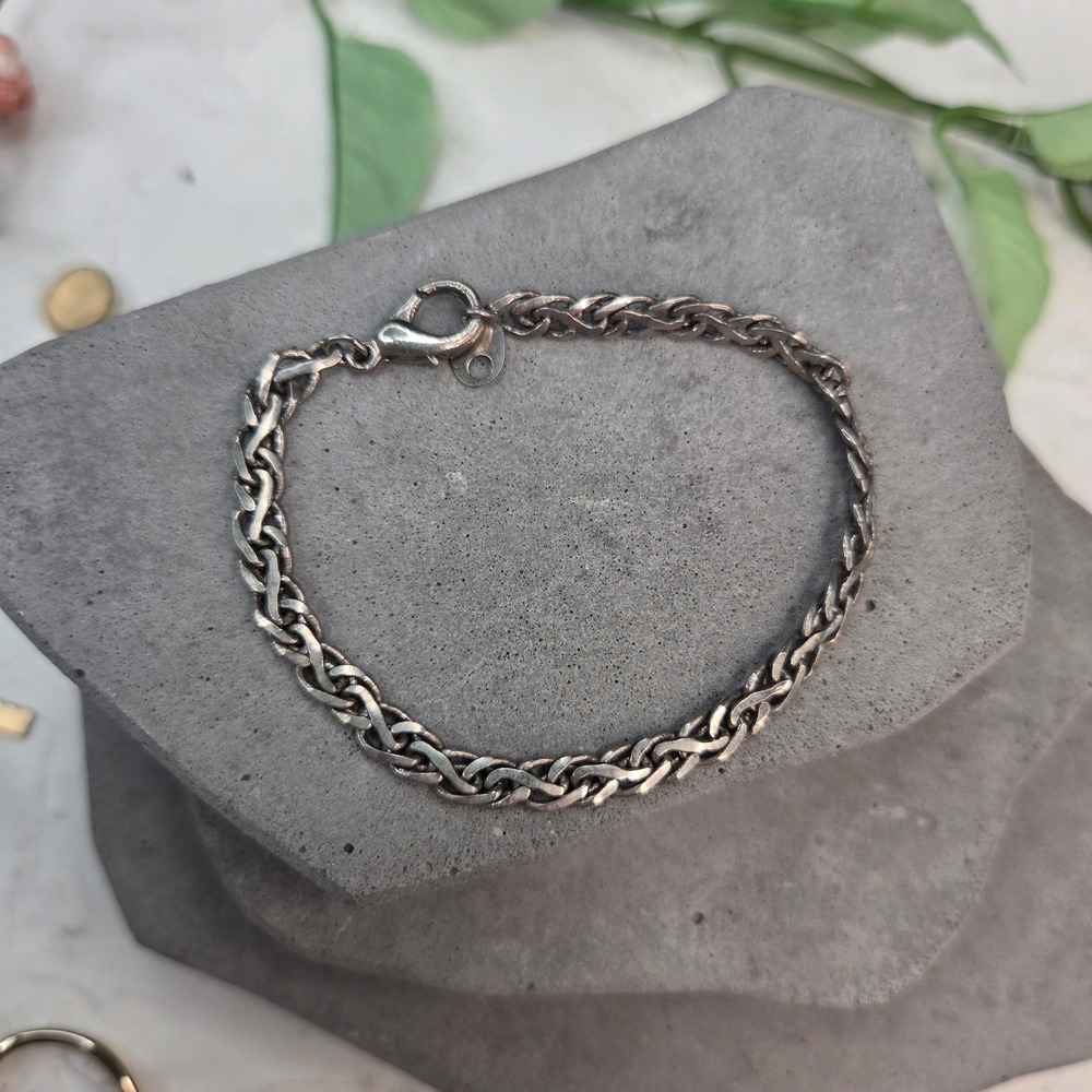 Sterling Silver Braided Wheat Chain Bracelet Woven Oxidized Lobster Clasp 7 in